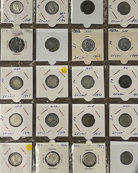 Nederlandse zilveren kwartjes - periode 1849-1925 - 20 stuks in munthouder