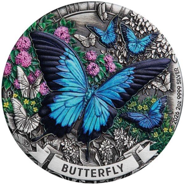Butterfly 2026 2oz Silver Antiqued Coloured Coin