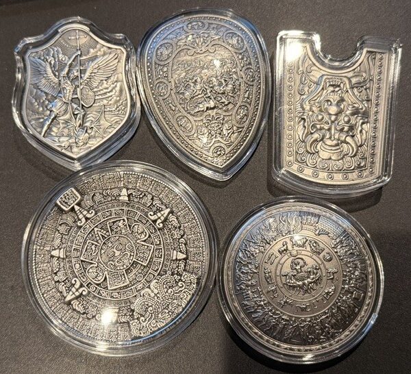 5 stuks bijzondere 2 oz Shield en Rounds Antique Finish Doomed- Lot van 10 oz