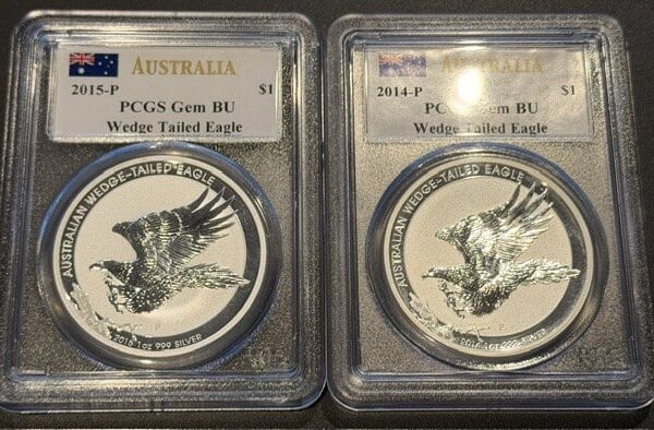 Wedge Tailed Eagle 2014 + 2015 PCGS Gem BU- 2 stuks á 1 oz zilver