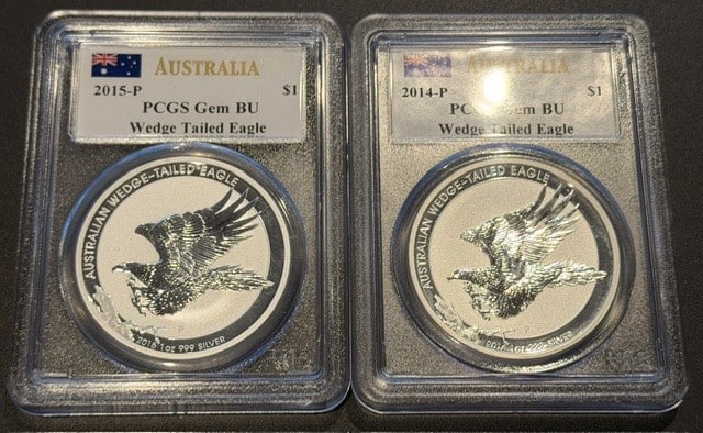 Wedge Tailed Eagle 2014 + 2015 PCGS Gem BU- 2 stuks á 1 oz zilver